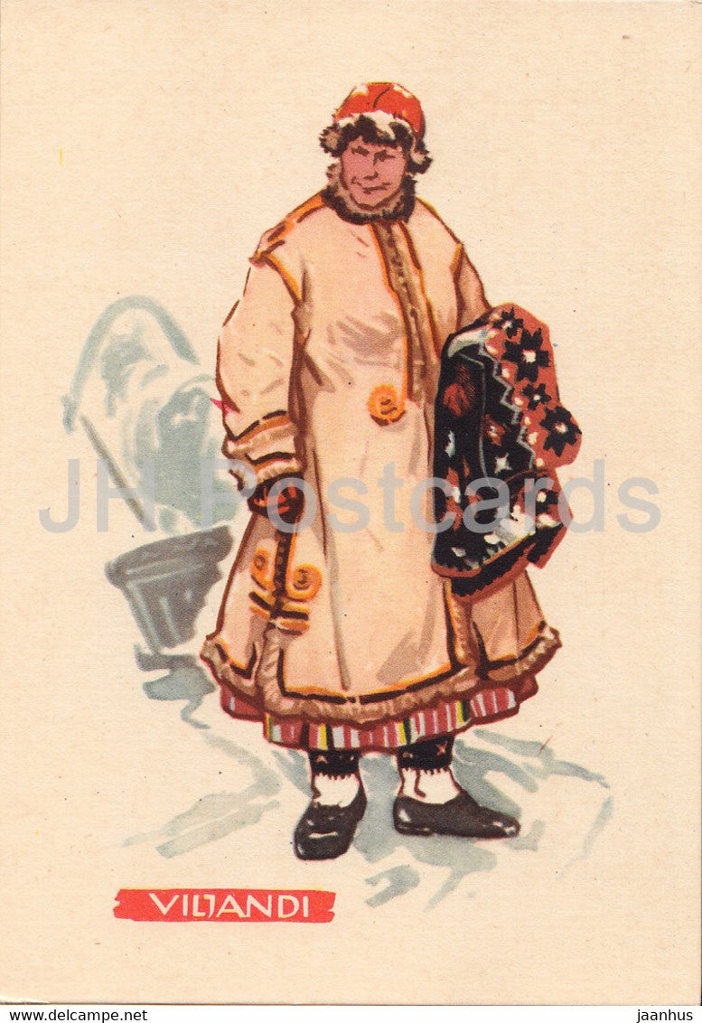 Estonian Folk Costumes - Viljandi - illustration by A. Vender - 1960 - Estonia USSR - unused - JH Postcards