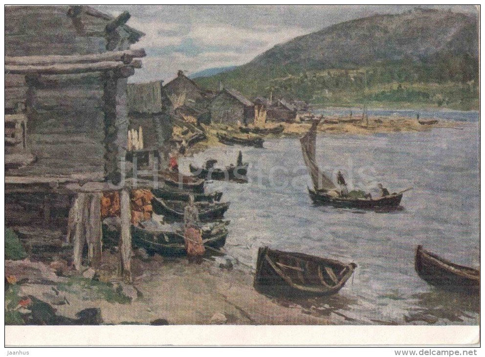 painting by M. Birstein - Kandalaksha . High Water - boat - russian art - unused - JH Postcards