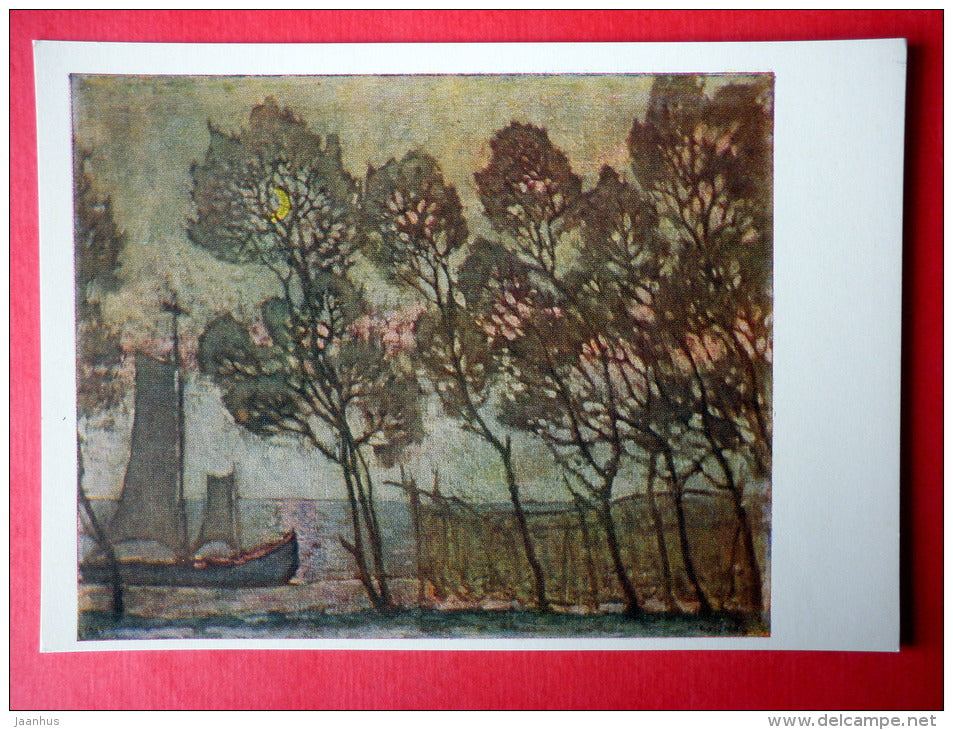 painting by Petras Kalpokas - Crescent Moon in Nida . 1926 - sailing boat - lithuanian art - unused - JH Postcards