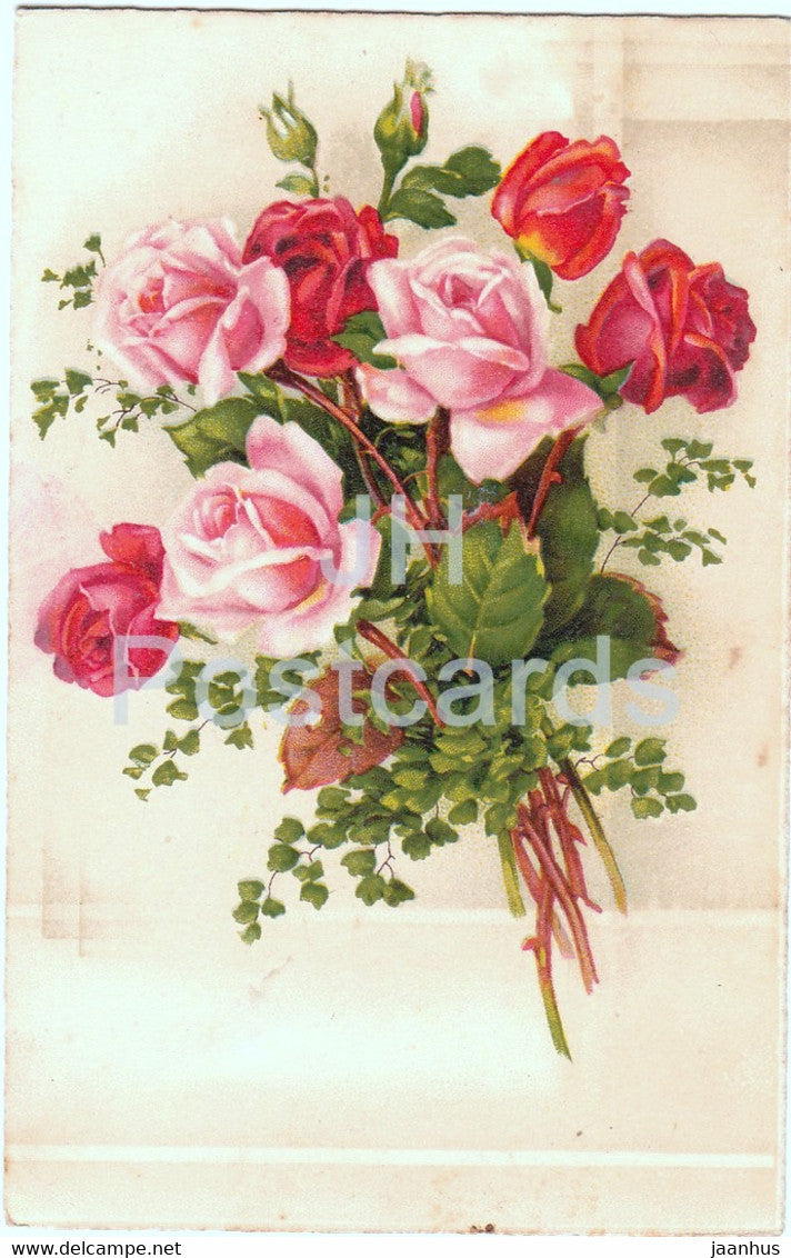 flowers - red roses - EAS 1906 - illustration - old postcard - France - used - JH Postcards