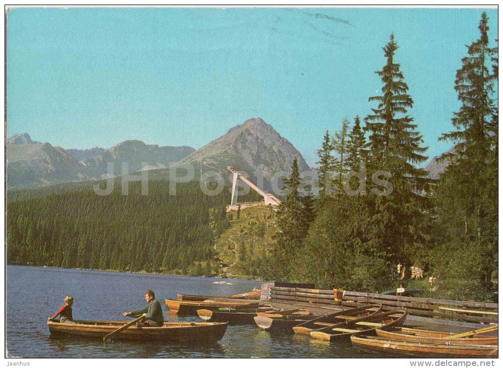 Strbske Pleso - ski jumping hill - boat - Vysoke Tatry - High Tatras - Czechoslovakia - Slovakia - used - JH Postcards