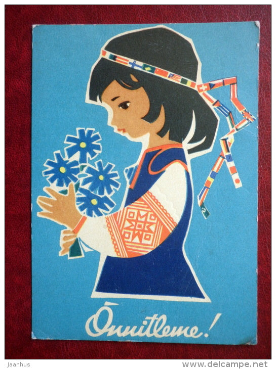 Greeting Card - girl in folk costumes - flowers - 1966 - Estonia USSR - used - JH Postcards