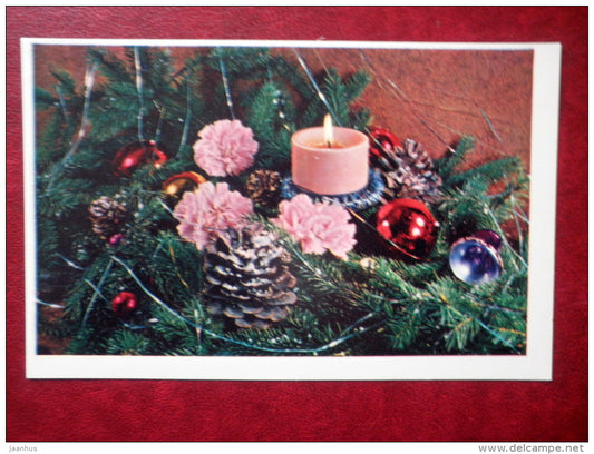 New Year Greeting card - candle - decorations - cone - 1977 - Russia USSR - used - JH Postcards