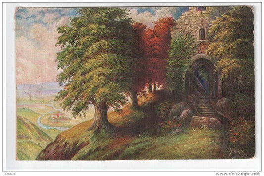 illustration by Fiebiger - castle ruins , valley - old postcard - unused - JH Postcards