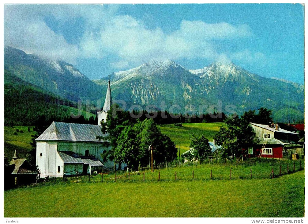 autumnal village under the Belianske - Tatra mountains - church - Zdiar - Slovakia - Czechoslovakia - used 1972 - JH Postcards