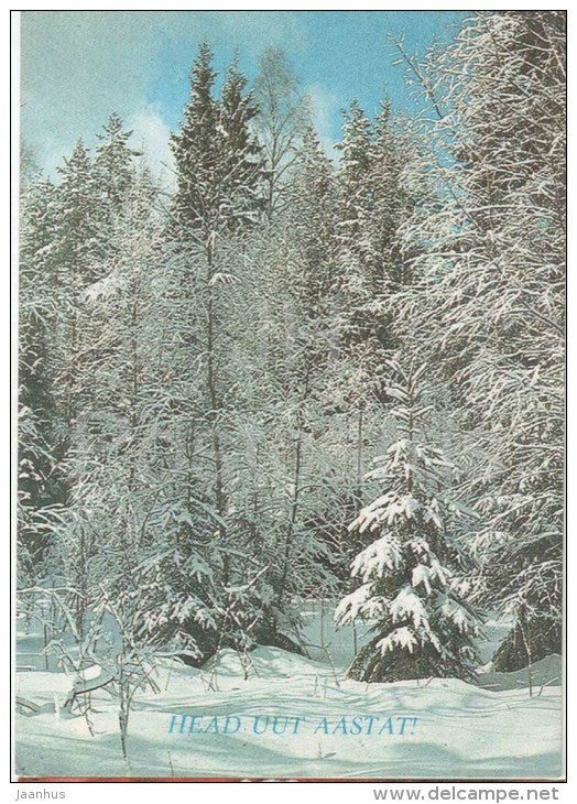 New Year Greeting card - 1 - winter forest - fir trees - 1986 - Estonia USSR - used - JH Postcards