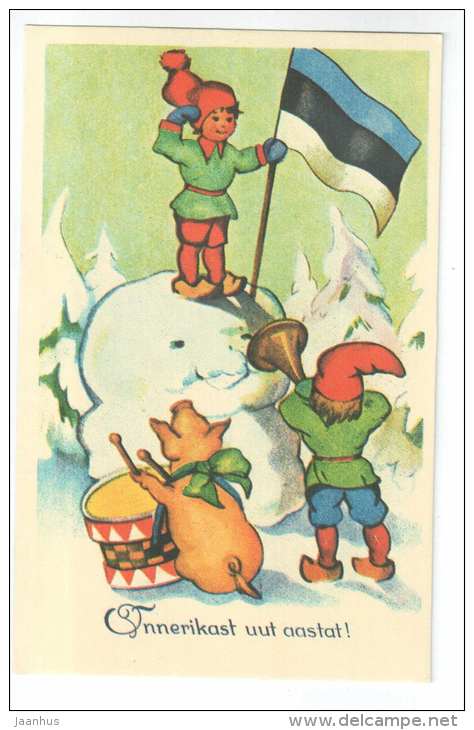 New Year Greeting Card - snowman - flag - pig - drum - children - REPRODUCTION ! - 1990 - Estonia USSR - used - JH Postcards