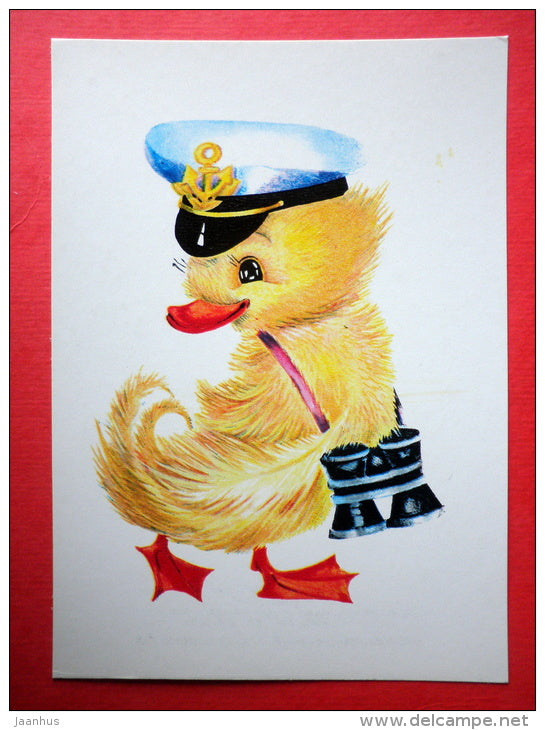 Greeting Card - by L. Manilova - duckling - 1984 - sailor - binoculars - Russia USSR - unused - JH Postcards