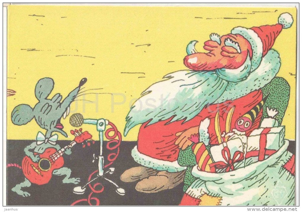 New Year Greeting Card by A. Vasar - Santa Claus - mouse - bear - rabbit - fox - band - Estonia - USSR - 1985 - used - JH Postcards