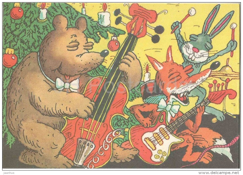 New Year Greeting Card by A. Vasar - Santa Claus - mouse - bear - rabbit - fox - band - Estonia - USSR - 1985 - used - JH Postcards