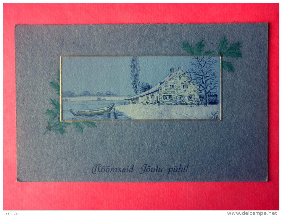 christmas greeting card - house - boat - circulated in Estonia Tallinn Annikvere 1920s - JH Postcards