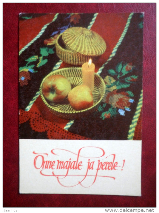 New Year Greeting card - wooden box - candle - apples - 1975 - Estonia USSR - unused - JH Postcards