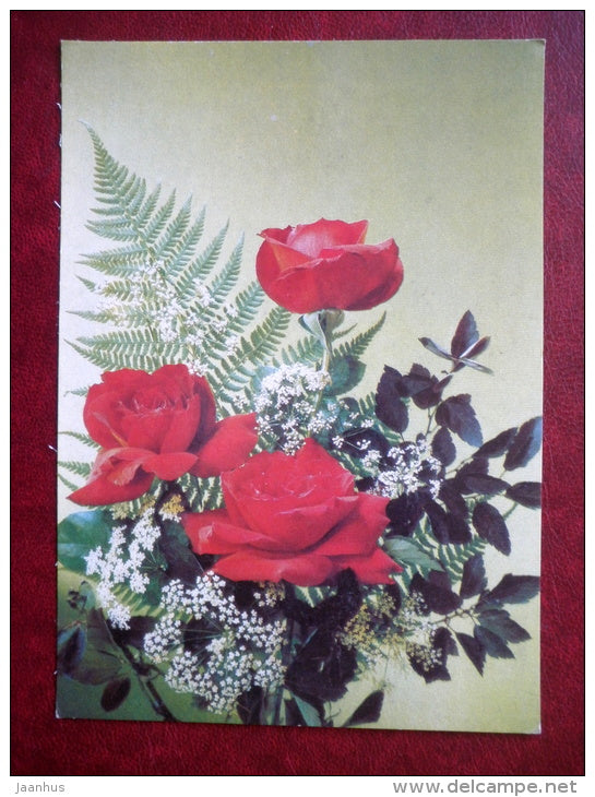 Greeting card - red roses - fern - flowers - 1991 - Russia USSR - used - JH Postcards