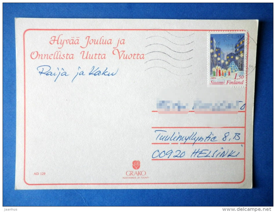 christmas greeting card - winter building - circulated in Finland 1989 , Helsinki - Finland - used - JH Postcards