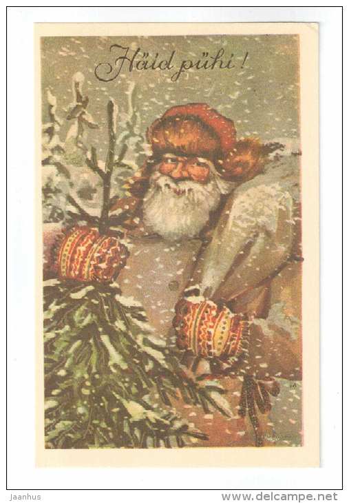 Christmas Greeting Card - Santa Claus - Christmas Tree - REPRODUCTION ! - 1988 - Estonia USSR - used - JH Postcards