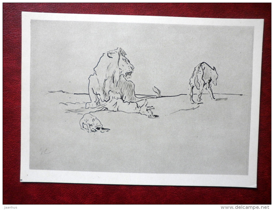 drawing by V. Serov - Lion and Wolf - illustration of the fable Serov - russian art - unused - JH Postcards