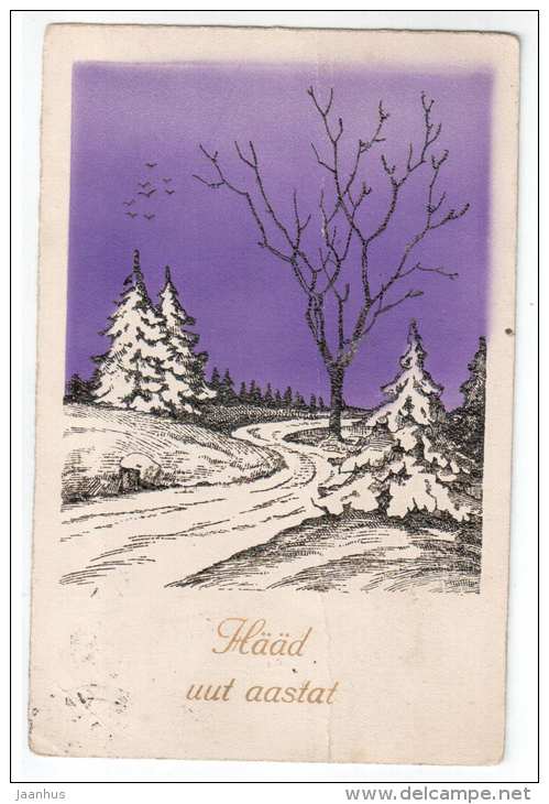 New Year Greeting Card - winter road - fir trees - BR 8170 - old postcard - circulated in Estonia 1924 - used - JH Postcards