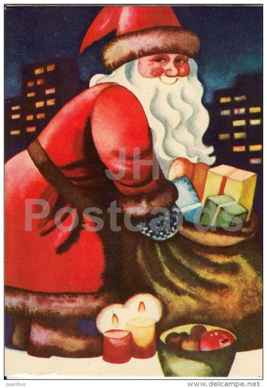 New Year Greeting Card by L. Härm - 1 - Santa Claus - gifts - Estonia - USSR - 1979 - used - JH Postcards