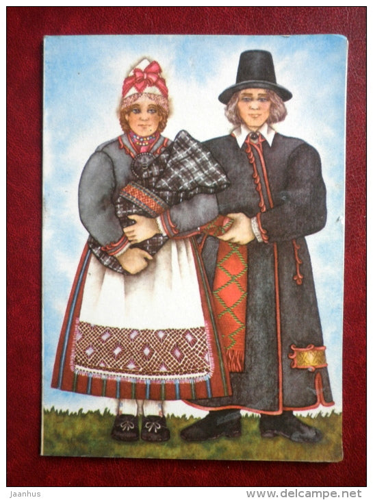 Greeting Card - Estonian Folk Costumes - man and woman - by V. Noor - 1988 - unused - JH Postcards