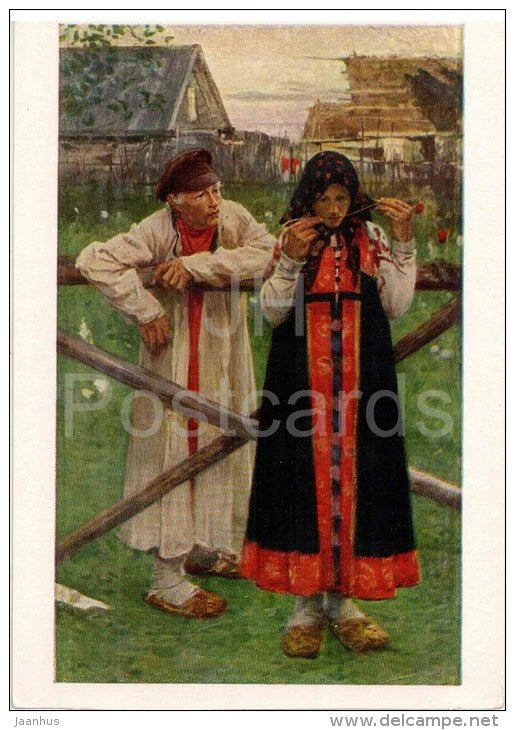 painting by M. Ivanov - A Question - 709 - village life - russian art - unused - JH Postcards