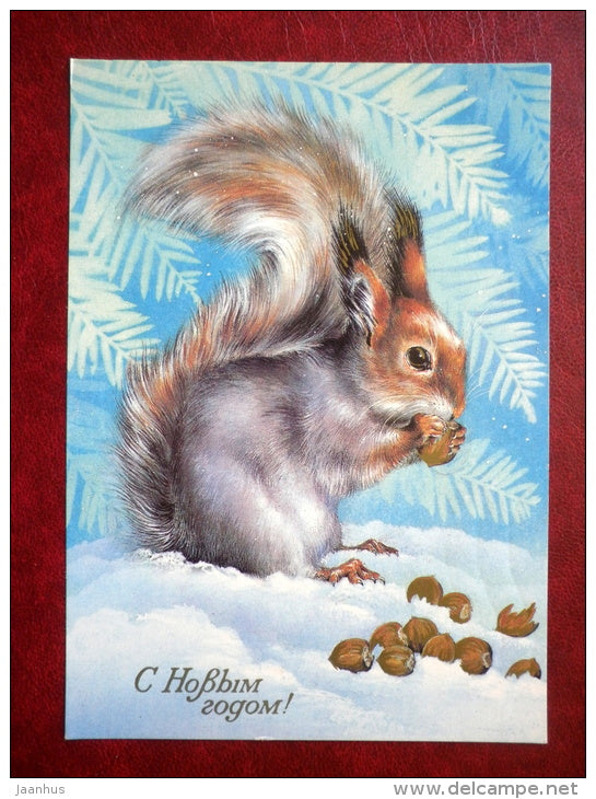 New Year greeting card - illustration by A. Isakov - squirrel - nuts - 1985 - Russia USSR - used - JH Postcards