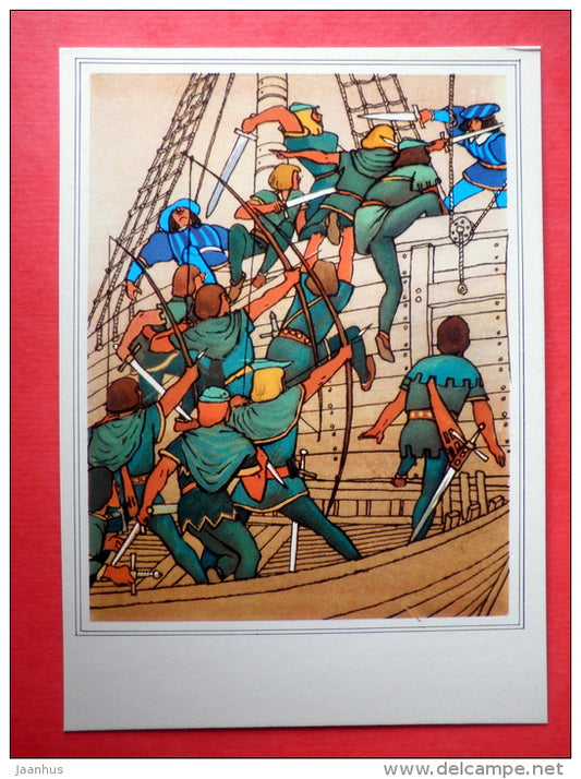 illustration by A. Blokh , L. Korsakov - boat - sailing ship - Robin Hood - 1975 - Russia USSR - unused - JH Postcards