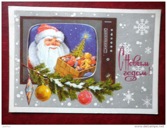 New Year Greeting card - illustration by V. Lebedev - Santa Claus - Ded Moroz - TV - gifts - 1977 - Russia USSR - unused - JH Postcards