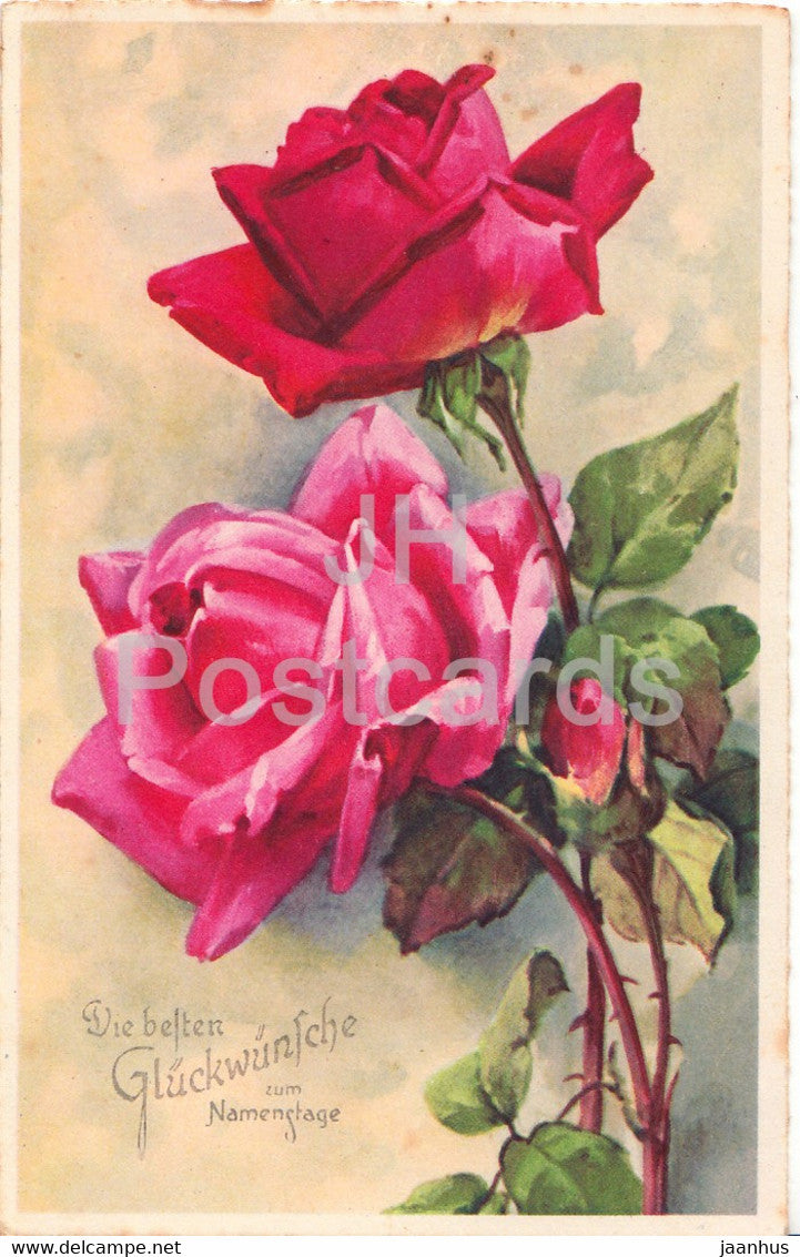 Greeting Card - Die besten Gluckwunsche zum Namenstage - red roses - Amag 3025 - old postcard - Germany - unused - JH Postcards