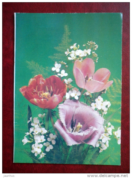 Greeting card - tulips - plants - flowers - 1991 - Russia USSR - used - JH Postcards