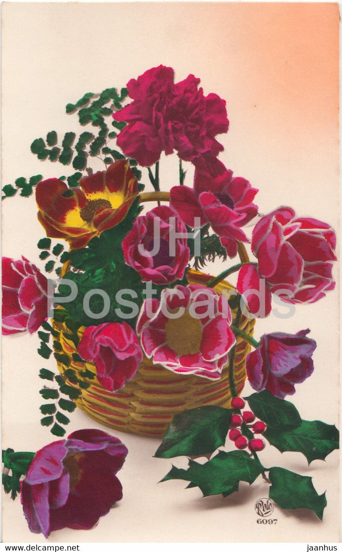 Flowers in a Basket - Rolo 6097 - old postcard - 1929 - used - JH Postcards