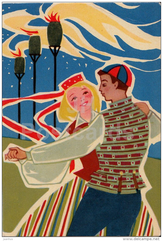 illustration by V. Lember-Bogatkina - Dancing in Folk Costumes - 1965 - Estonia USSR - used - JH Postcards