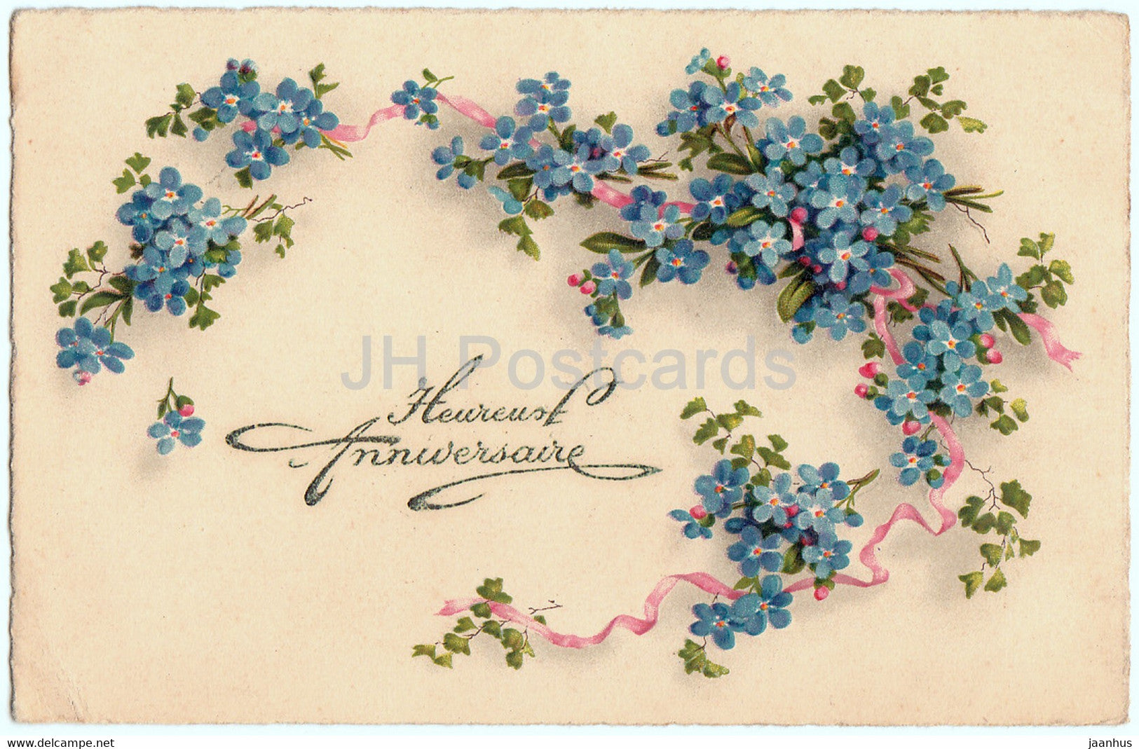 Birthday Greeting Card - Heurese Anniversaire - blue flowers - Cellaro -  illustration - old postcard - France - unused - JH Postcards