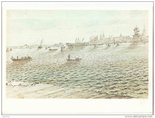 drawing by C. Buddeus , A View of Tallinn from the Sea - boat - Old Views of Tallinn - 1984 - Estonia USSR - unused - JH Postcards