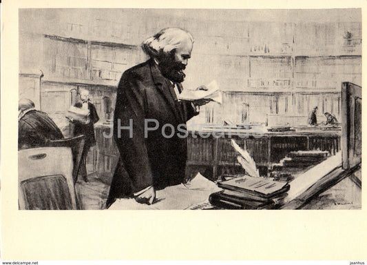 illustration by Minkov and Romanov - Karl Marx in reading room of British Museum in London - 1967 - Russia USSR - unused - JH Postcards