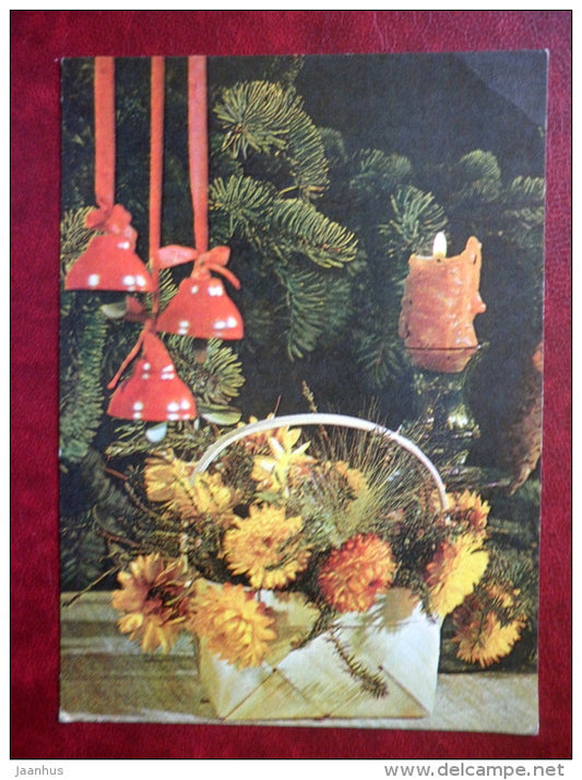 New Year Greeting card - candles - flowers - sleigh bells - 1983 - Estonia USSR - used - JH Postcards