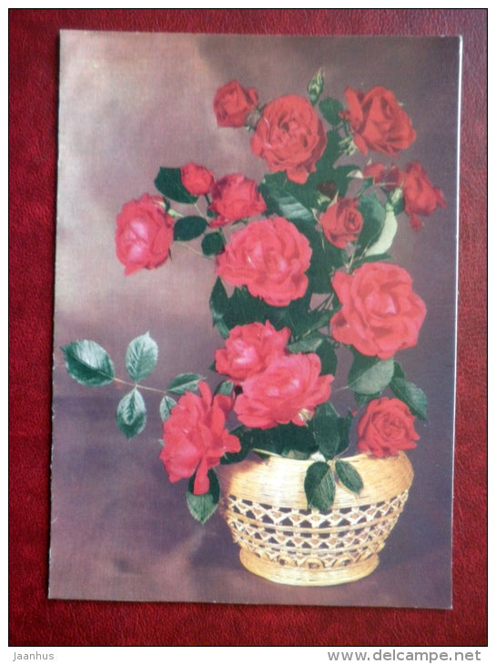 Greeting card - red roses in basket - flowers - 1990 - Russia USSR - used - JH Postcards