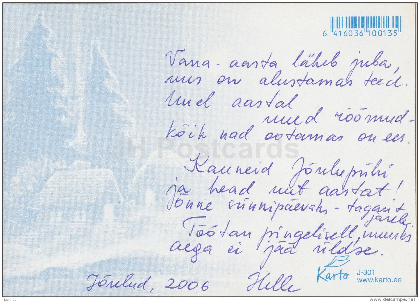 Christmas Greeting Card - winter - house - Estonia - used in 2006 - JH Postcards