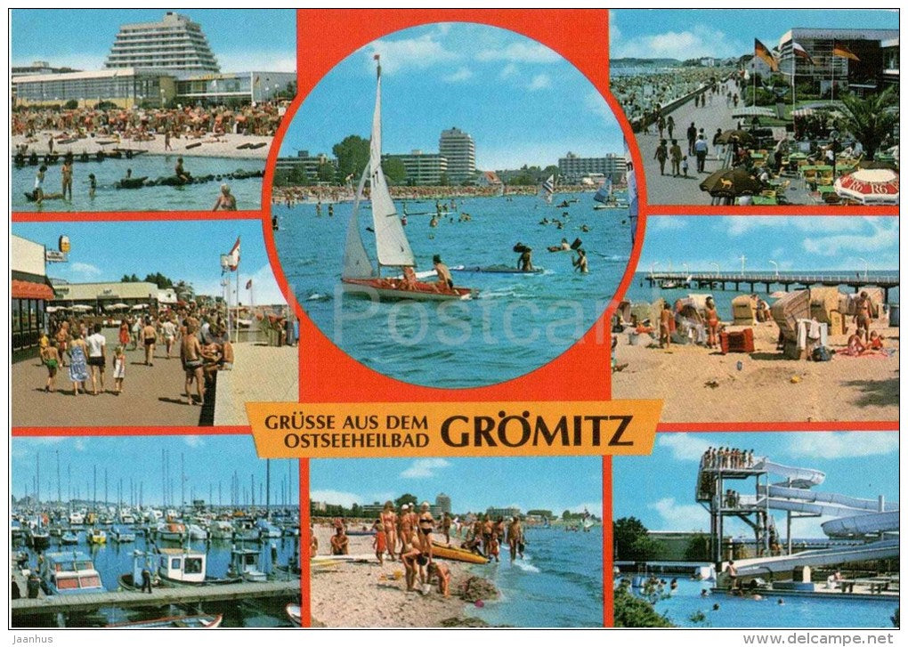 Grüsse aus dem Ostseeheilbad Grömitz - Das Bad an der Sonnenseite - beach - sailing boat - Germany - 1985 gelaufen - JH Postcards