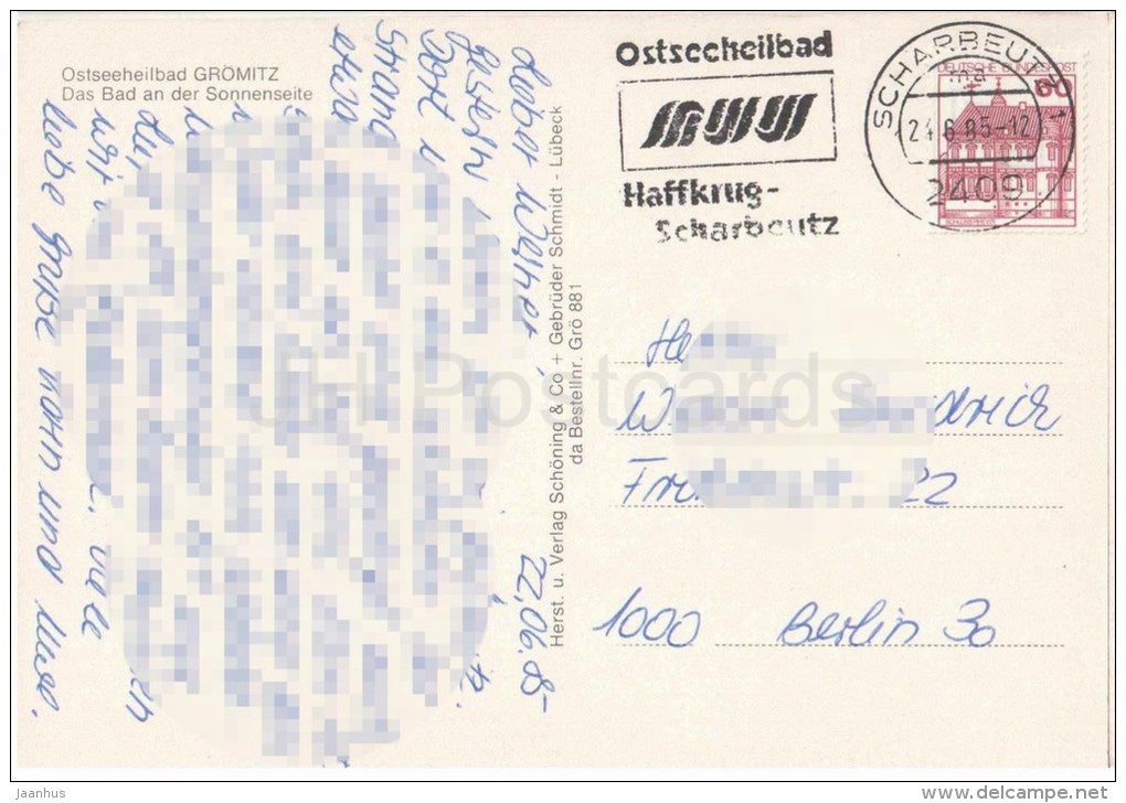 Grüsse aus dem Ostseeheilbad Grömitz - Das Bad an der Sonnenseite - beach - sailing boat - Germany - 1985 gelaufen - JH Postcards