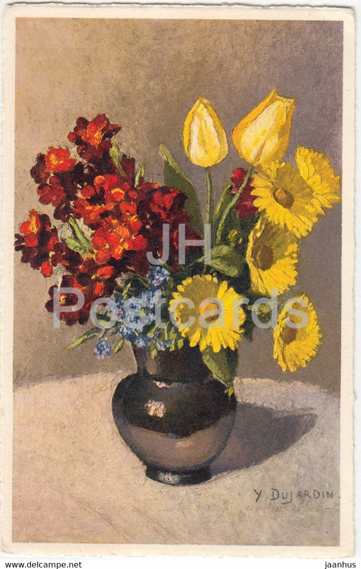 flowers in a vase - illustration by Dujardin - 534 - old postcard - Switzerland - unused - JH Postcards