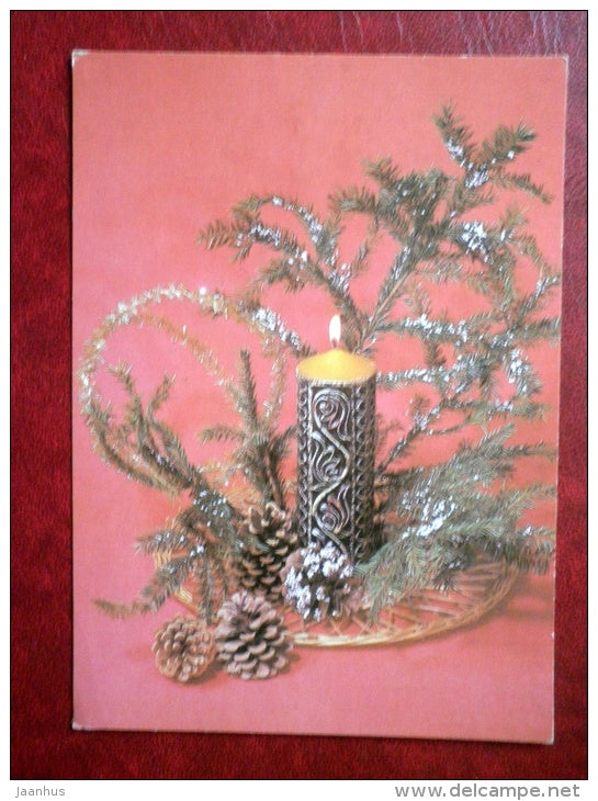 New Year greeting card - candle - cones - 1984 - Russia USSR - used - JH Postcards