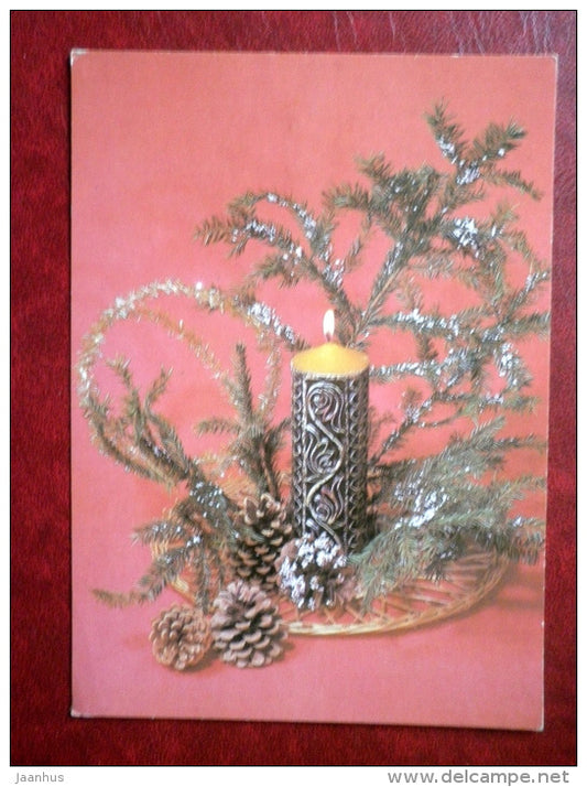 New Year greeting card - candle - cones - 1984 - Russia USSR - used - JH Postcards