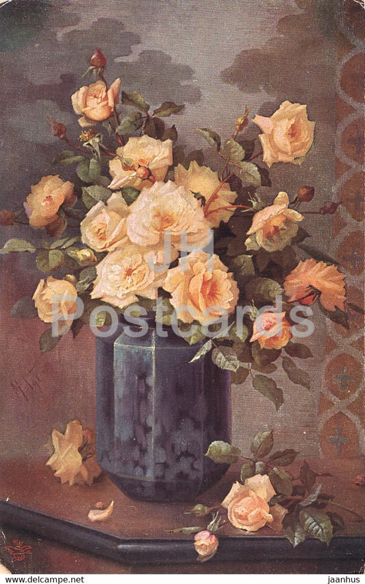 yellow roses in a vase - flowers - illustration - Primus 894 - old postcard - Germany - unused - JH Postcards