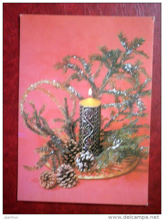 New Year greeting card - candle - cones - 1984 - Russia USSR - unused - JH Postcards