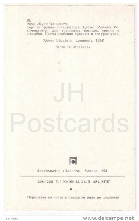 Queen Elizabeth - flowers - Roses - Russia USSR - 1973 - unused - JH Postcards