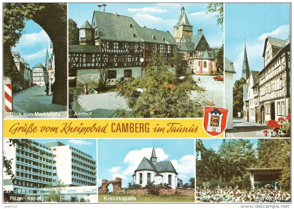 Grüsse vom Kneippbad Camberg im Taunus - Martplatz - Amthof - Pfargasse - Kreuzkapelle - 6278 - Germany - 1975 gelaufen - JH Postcards