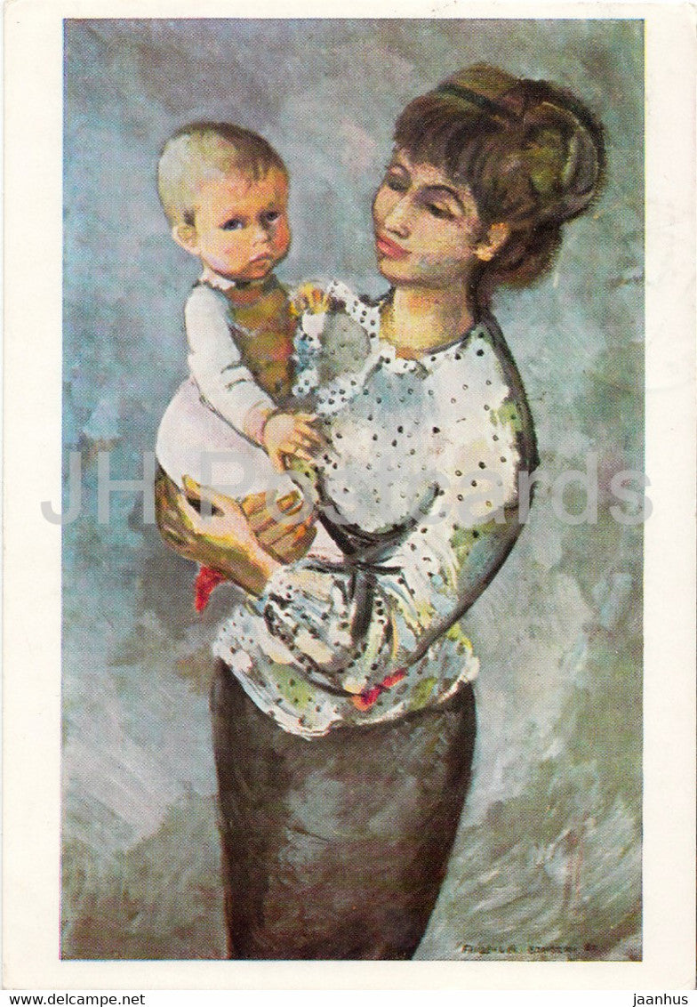 painting by Friderun Bondzin - Junge Mutter - Young Mother - child - German art - 1977 - Germany - used - JH Postcards