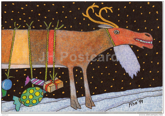 New Year Greeting card by J. Piho - reindeer - gifts - 1992 - Estonia - used - JH Postcards