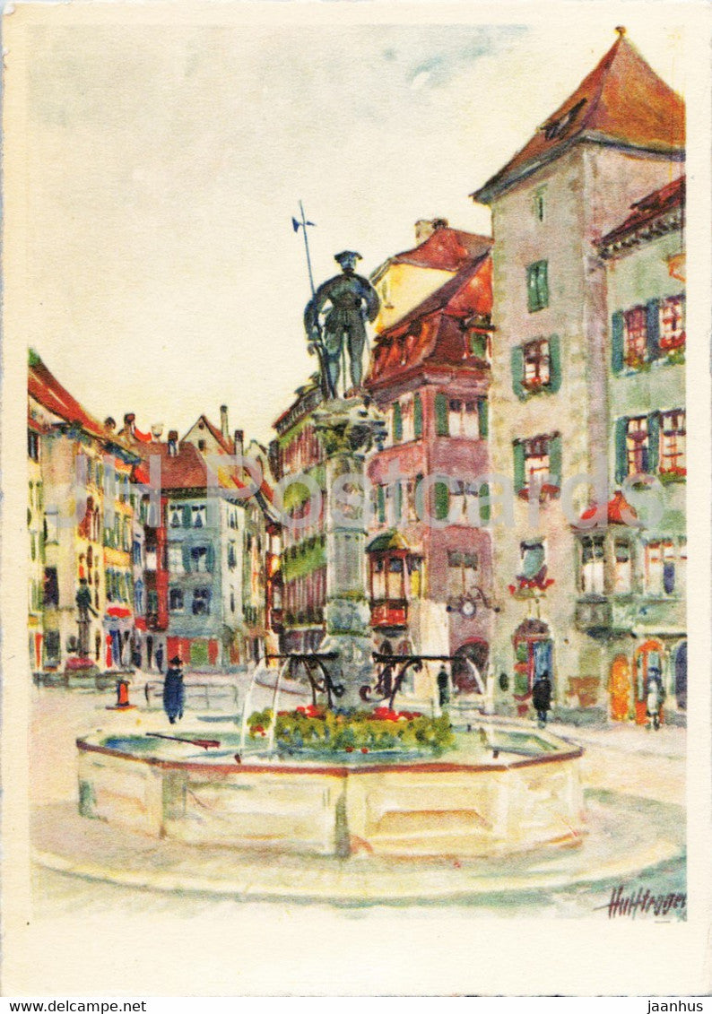 Schaffhausen - Fronwagplatz - illustration by E. Hulfteggel - 1202 - old postcard - 1942 - Switzerland - used - JH Postcards