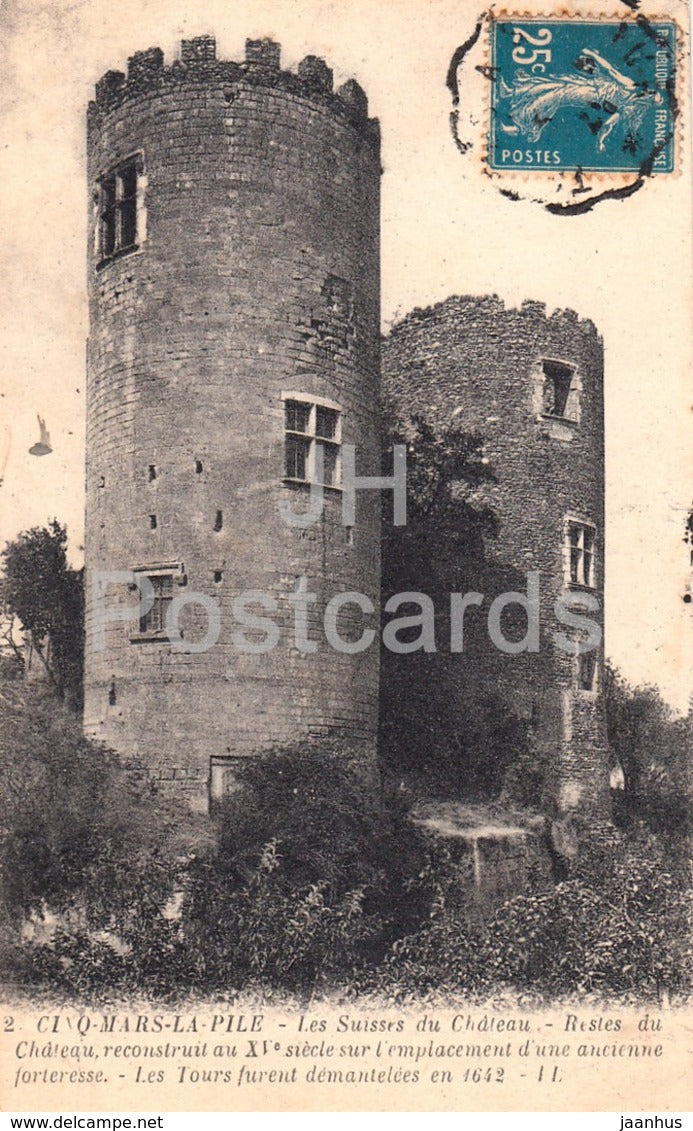 Cinq Mars La Pile - Les Suisses du Chateau - cathedral - 2 - old postcard - 1921 - France - used - JH Postcards